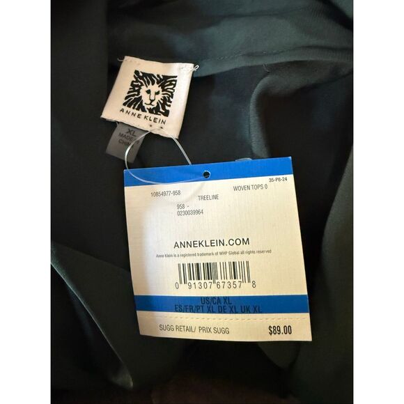 NWT Anne Klein Womens Satin Tie Neck Bow Long Sleeve Blouse Emerald Green XL - Picture 12 of 14